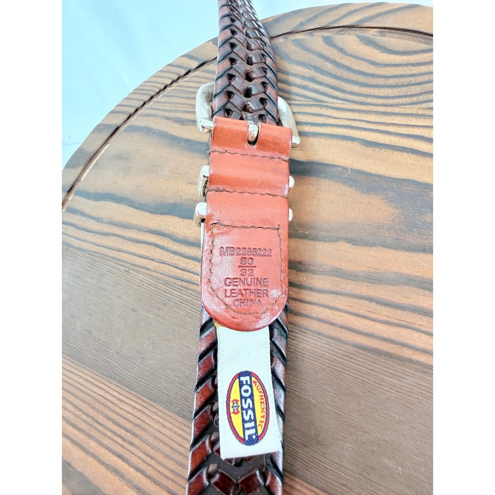 Vintage Fossil Brown Braided Woven Leather Belt Silver Buckle 32 Equestrian - Picture 3 of 4